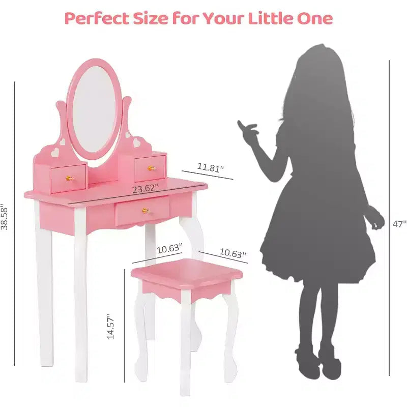 Coiffeuse JOYMOR pour enfants avec miroir à 360°, ensemble table et tabouret de maquillage de princesse 2-en-1 avec tiroirs pour filles (Rose)