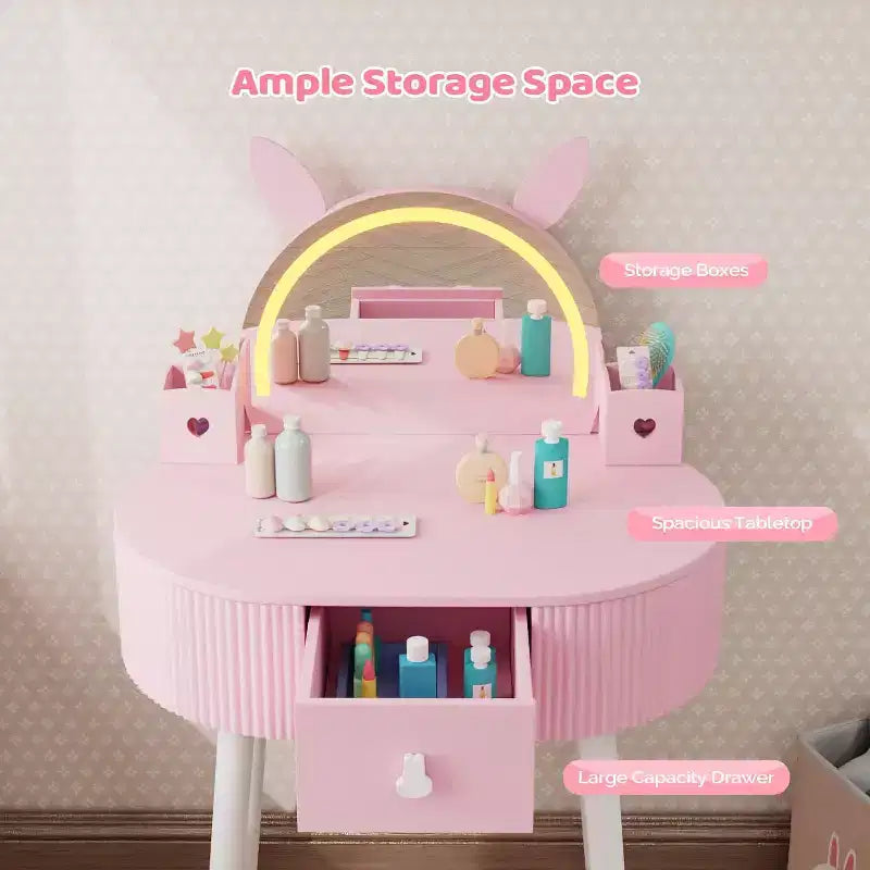 Coiffeuse pour enfants JOYMOR avec écran tactile et lumières, miroir réglable 3 couleurs, ensemble coiffeuse avec table et chaise, tiroir (rose)