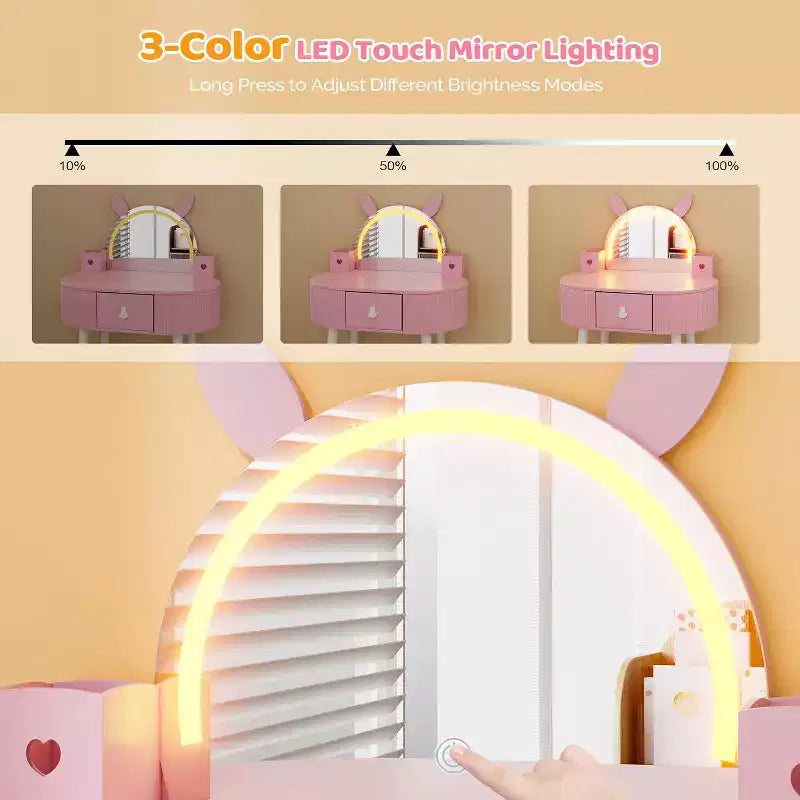 Coiffeuse pour enfants JOYMOR avec écran tactile et lumières, miroir réglable 3 couleurs, ensemble coiffeuse avec table et chaise, tiroir (rose)