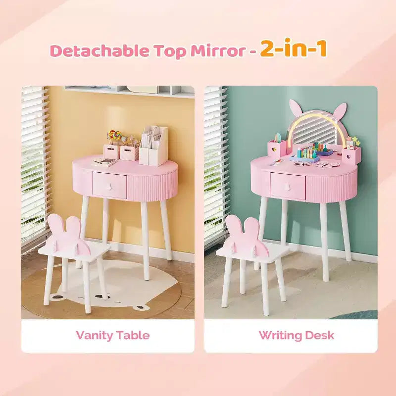 Coiffeuse pour enfants JOYMOR avec écran tactile et lumières, miroir réglable 3 couleurs, ensemble coiffeuse avec table et chaise, tiroir (rose)