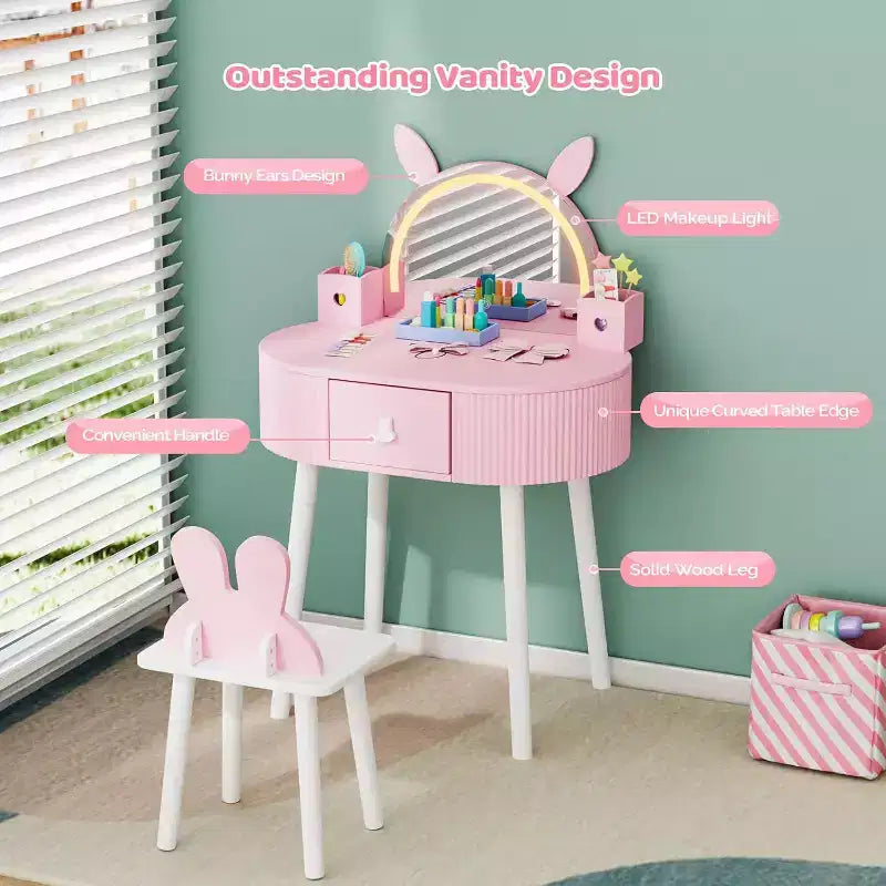 Coiffeuse pour enfants JOYMOR avec écran tactile et lumières, miroir réglable 3 couleurs, ensemble coiffeuse avec table et chaise, tiroir (rose)