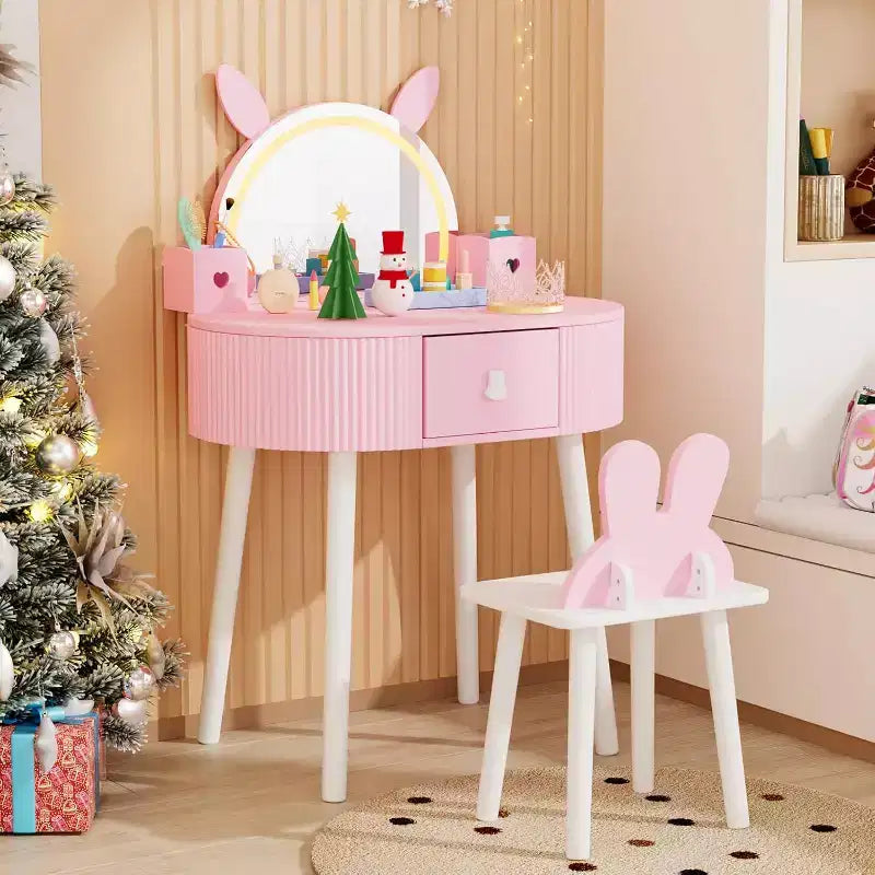 Coiffeuse pour enfants JOYMOR avec écran tactile et lumières, miroir réglable 3 couleurs, ensemble coiffeuse avec table et chaise, tiroir (rose)