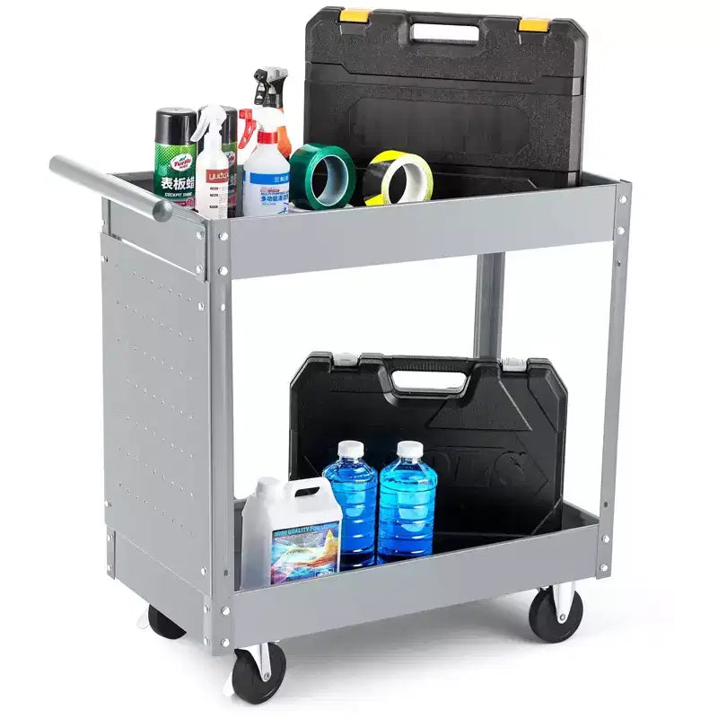 2-Tier Metal Utility Cart, Heavy Duty Steel, 330 lbs, Rolling Tool Organizer w/ Locking Wheels for Garage, Workshop, Warehouse, Black