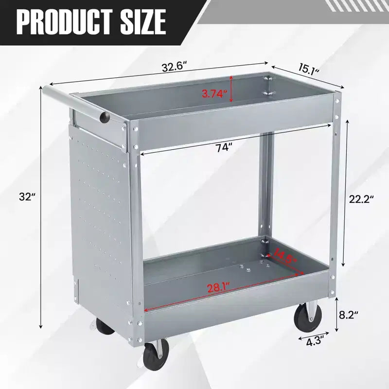Chariot de service métallique à 2 niveaux, acier robuste, 150 kg, organisateur d'outils roulant avec roues verrouillables pour garage, atelier, entrepôt, noir