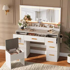 Coiffeuse avec grand miroir et lumières, coiffeuse de maquillage de 116,6 cm, luminosité réglable, prise de courant, 8 tiroirs, pour salle d'eau et chambre à coucher