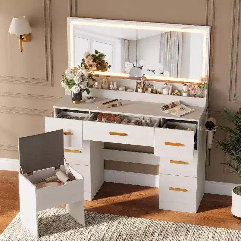 Coiffeuse avec grand miroir et lumières, coiffeuse de maquillage de 116,6 cm, luminosité réglable, prise de courant, 8 tiroirs, pour salle d'eau et chambre à coucher