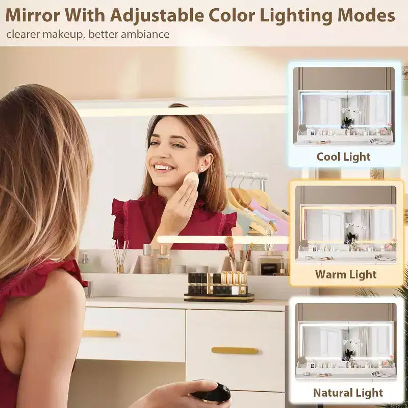 Coiffeuse avec grand miroir et lumières, coiffeuse de maquillage de 116,6 cm, luminosité réglable, prise de courant, 8 tiroirs, pour salle d'eau et chambre à coucher