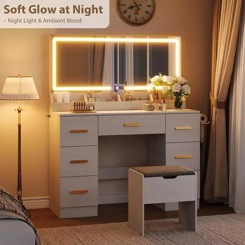 Coiffeuse avec grand miroir et lumières, coiffeuse de maquillage de 116,6 cm, luminosité réglable, prise de courant, 8 tiroirs, pour salle d'eau et chambre à coucher