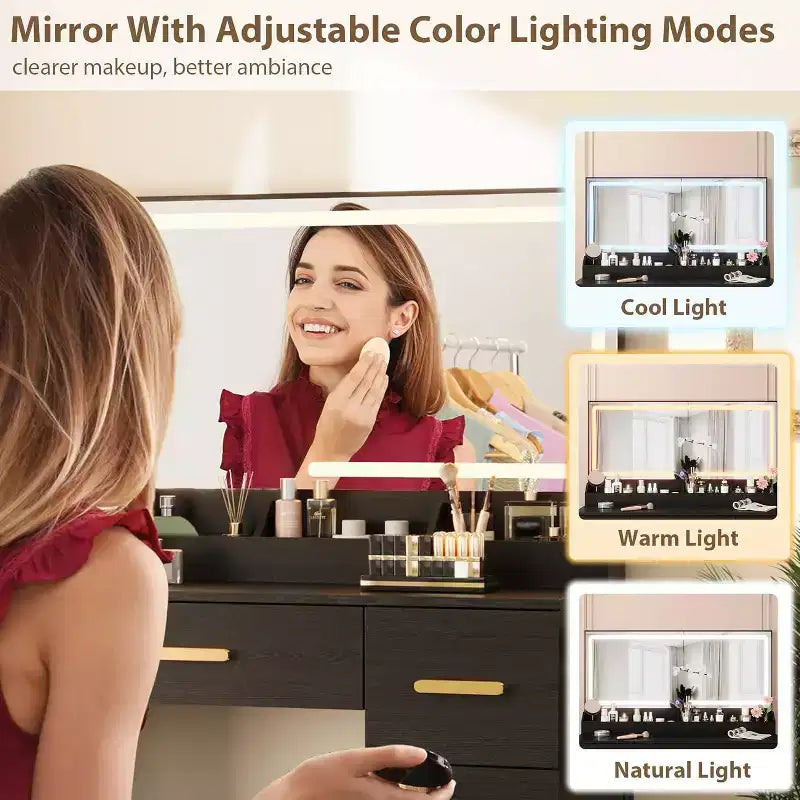 Coiffeuse avec grand miroir et lumières, coiffeuse de maquillage de 116,6 cm, luminosité réglable, prise de courant, 8 tiroirs, pour salle d'eau et chambre à coucher