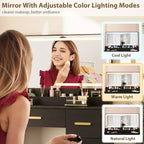 Coiffeuse avec grand miroir et lumières, coiffeuse de maquillage de 116,6 cm, luminosité réglable, prise de courant, 8 tiroirs, pour salle d'eau et chambre à coucher