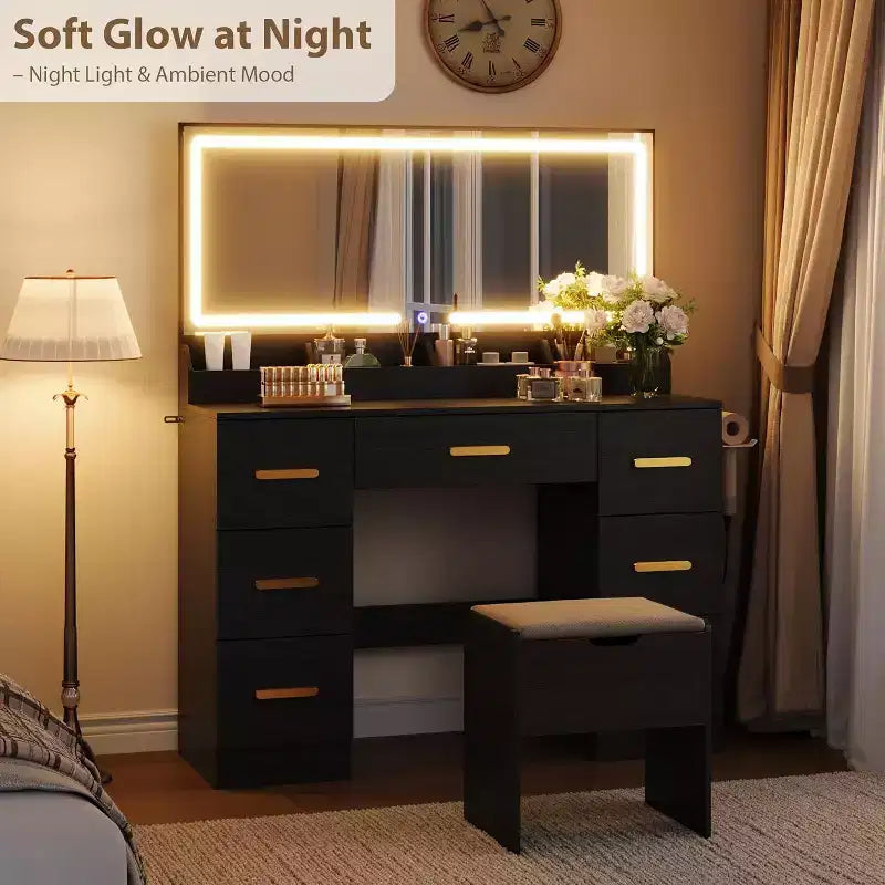 Coiffeuse avec grand miroir et lumières, coiffeuse de maquillage de 116,6 cm, luminosité réglable, prise de courant, 8 tiroirs, pour salle d'eau et chambre à coucher