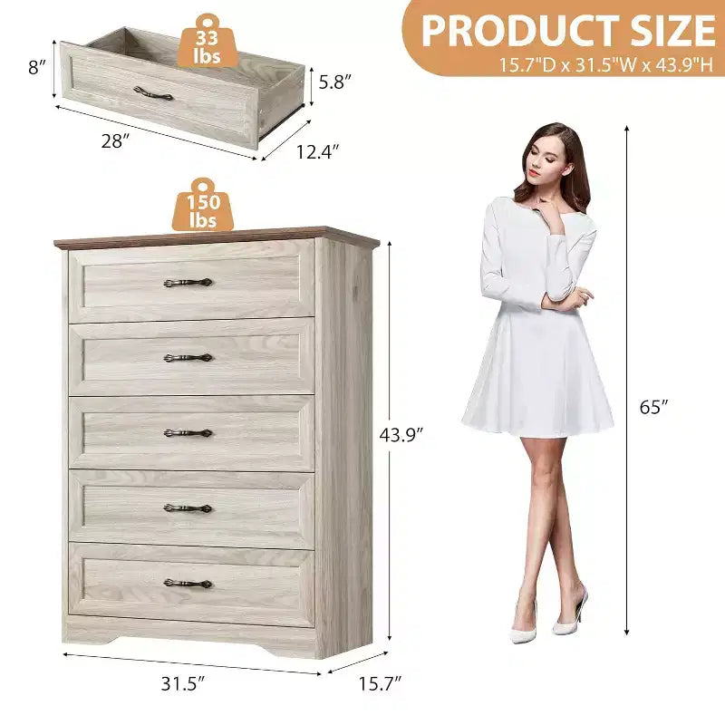 Commode de ferme à 5 tiroirs, chiffonnier moderne avec grain de bois naturel et larges poignées métalliques, pour chambre, salon