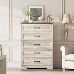 Commode de ferme à 5 tiroirs, chiffonnier moderne avec grain de bois naturel et larges poignées métalliques, pour chambre, salon