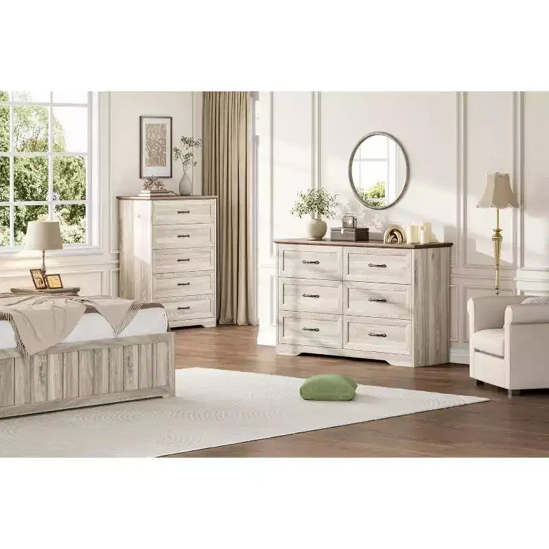Commode de ferme à 5 tiroirs, chiffonnier moderne avec grain de bois naturel et larges poignées métalliques, pour chambre, salon