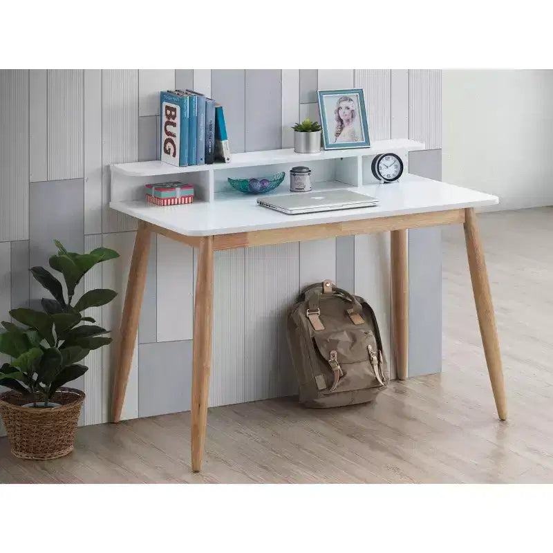 Okak Bureau en bois de style Mid-Century 43 pouces avec étagères, bureau d'écriture au design élégant, bureau d'ordinateur pour salon, chambre à coucher