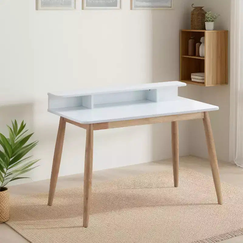 Okak Bureau en bois de style Mid-Century 43 pouces avec étagères, bureau d'écriture au design élégant, bureau d'ordinateur pour salon, chambre à coucher