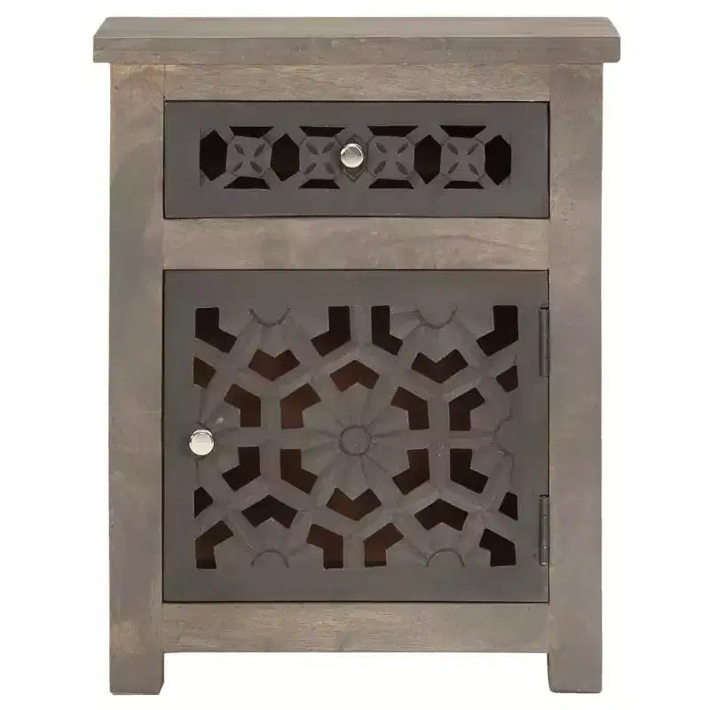 vidaXL Table de chevet en bois de manguier massif - Marron, style classique, motif floral sculpté, table de nuit/table d'appoint avec tiroir et placard