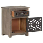 vidaXL Table de chevet en bois de manguier massif - Marron, style classique, motif floral sculpté, table de nuit/table d'appoint avec tiroir et placard