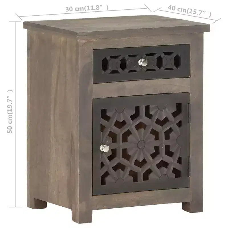 vidaXL Table de chevet en bois de manguier massif - Marron, style classique, motif floral sculpté, table de nuit/table d'appoint avec tiroir et placard