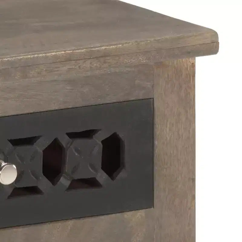 vidaXL Table de chevet en bois de manguier massif - Marron, style classique, motif floral sculpté, table de nuit/table d'appoint avec tiroir et placard