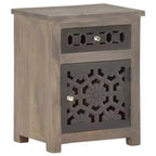 vidaXL Table de chevet en bois de manguier massif - Marron, style classique, motif floral sculpté, table de nuit/table d'appoint avec tiroir et placard