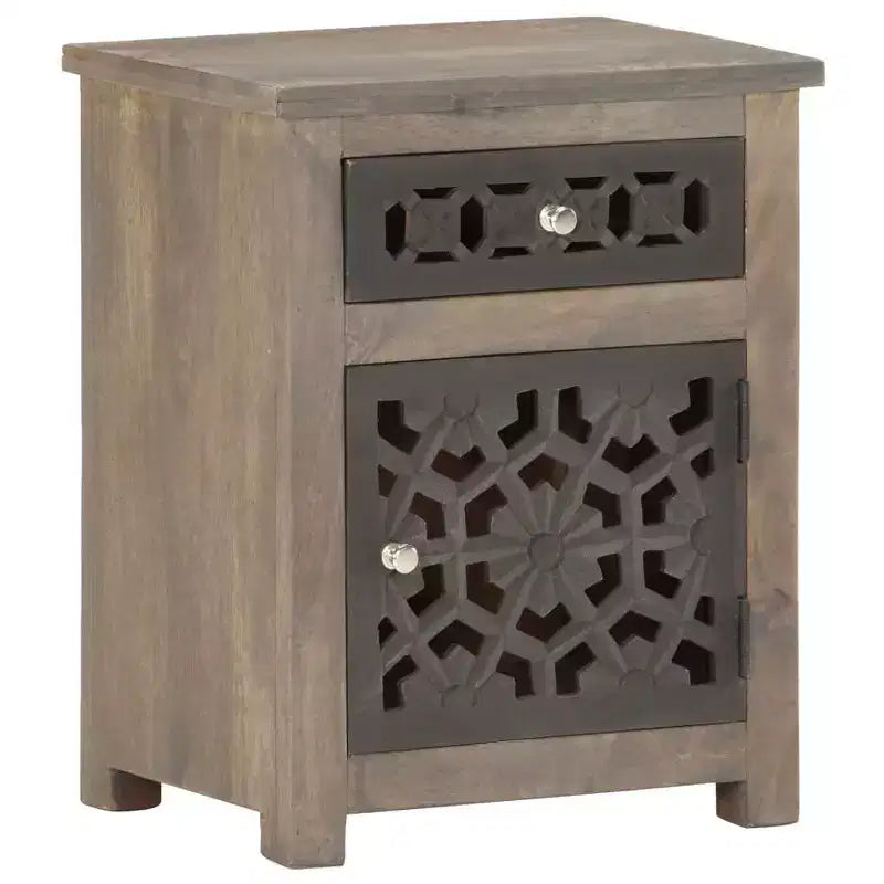 vidaXL Table de chevet en bois de manguier massif - Marron, style classique, motif floral sculpté, table de nuit/table d'appoint avec tiroir et placard