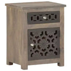 vidaXL Table de chevet en bois de manguier massif - Marron, style classique, motif floral sculpté, table de nuit/table d'appoint avec tiroir et placard