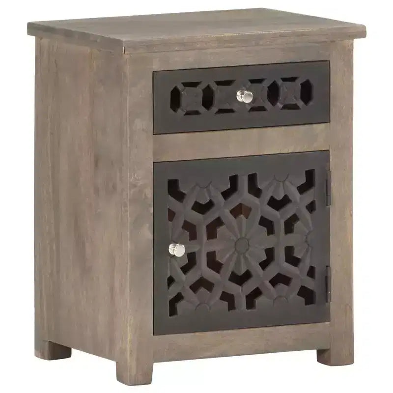 vidaXL Table de chevet en bois de manguier massif - Marron, style classique, motif floral sculpté, table de nuit/table d'appoint avec tiroir et placard