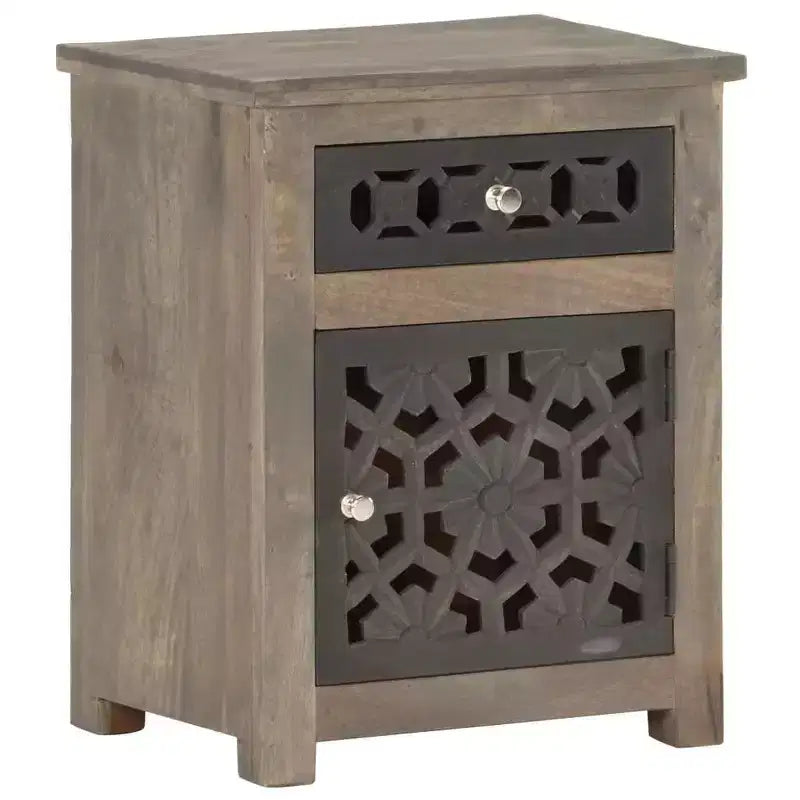 vidaXL Table de chevet en bois de manguier massif - Marron, style classique, motif floral sculpté, table de nuit/table d'appoint avec tiroir et placard