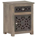 vidaXL Table de chevet en bois de manguier massif - Marron, style classique, motif floral sculpté, table de nuit/table d'appoint avec tiroir et placard
