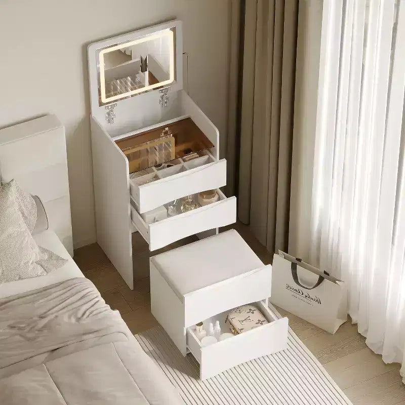 Famapy Coiffeuse blanche avec miroir LED, tiroirs et tabouret mobile, 3 modes d'éclairage, table de chevet pour enfants, bureau d'ordinateur, cadeau de Noël