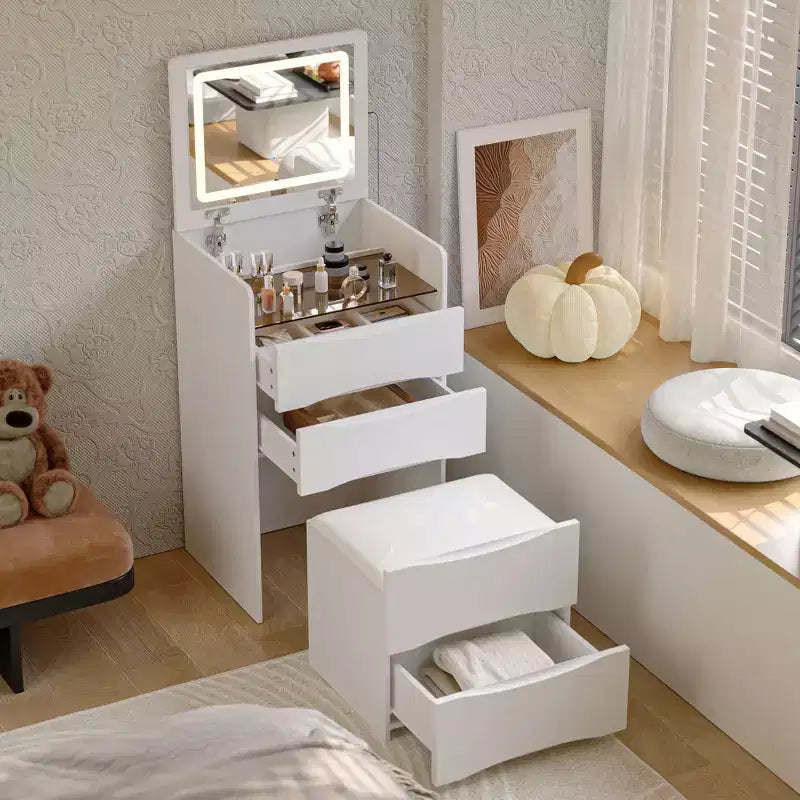 Famapy Coiffeuse blanche avec miroir LED, tiroirs et tabouret mobile, 3 modes d'éclairage, table de chevet pour enfants, bureau d'ordinateur, cadeau de Noël