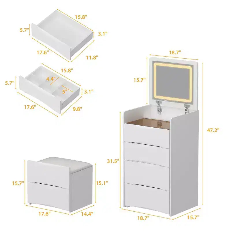 Famapy Coiffeuse blanche avec miroir LED, tiroirs et tabouret mobile, 3 modes d'éclairage, table de chevet pour enfants, bureau d'ordinateur, cadeau de Noël