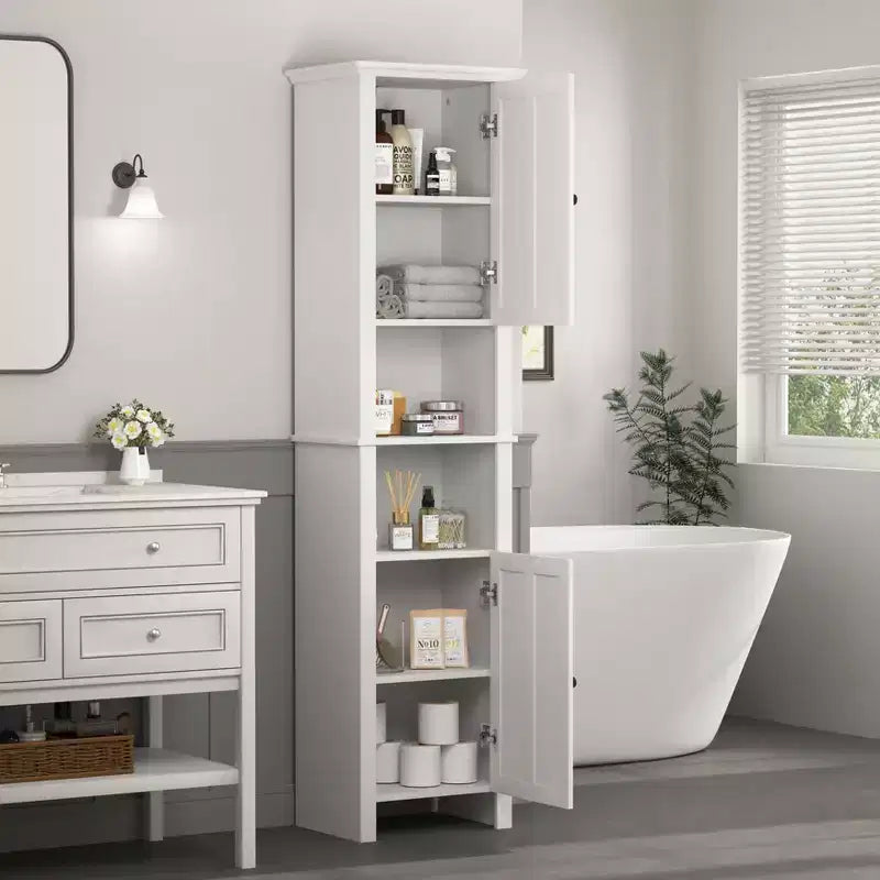 MAYEERTY Meuble de Rangement au Sol pour Salle de Bain avec 2 Portes et 6 Étagères, Armoire en Bois Multifonctionnelle pour Salon Salle de Bain