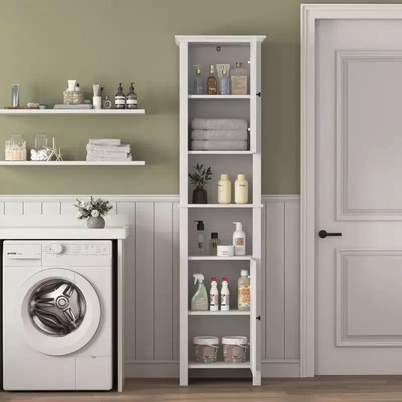MAYEERTY Meuble de Rangement au Sol pour Salle de Bain avec 2 Portes et 6 Étagères, Armoire en Bois Multifonctionnelle pour Salon Salle de Bain