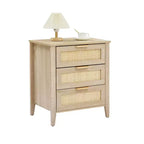 Table de chevet en rotin, Table de chevet bohème avec 3 tiroirs en rotin naturel, Table de chevet avec pieds en bois robustes, Table d'appoint moderne avec tiroirs de rangement