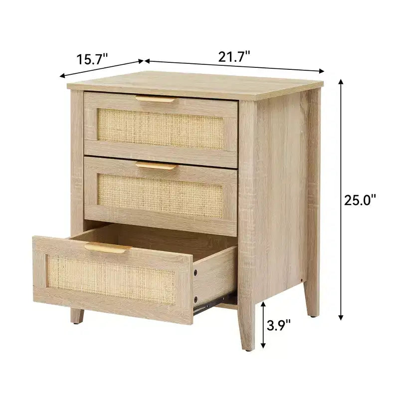 Table de chevet en rotin, Table de chevet bohème avec 3 tiroirs en rotin naturel, Table de chevet avec pieds en bois robustes, Table d'appoint moderne avec tiroirs de rangement