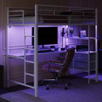 VINGLI Twin Loft Bed with 15 Inches Guardrail/ Desk/Flat Rungs/LED/2 Charging Stations/Storage Shelves/Dresser, Heavy Duty Metal Support Slat, White