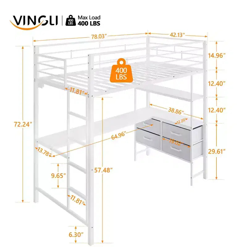 Lit mezzanine double VINGLI avec garde-corps de 15 pouces/bureau/échelles plates/LED/2 stations de charge/étagères de rangement/commode, lattes de support en métal robustes, blanc