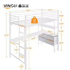 Lit mezzanine double VINGLI avec garde-corps de 15 pouces/bureau/échelles plates/LED/2 stations de charge/étagères de rangement/commode, lattes de support en métal robustes, blanc