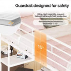 Lit mezzanine double VINGLI avec garde-corps de 15 pouces/bureau/échelles plates/LED/2 stations de charge/étagères de rangement/commode, lattes de support en métal robustes, blanc