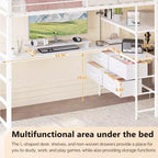 Lit mezzanine double VINGLI avec garde-corps de 15 pouces/bureau/échelles plates/LED/2 stations de charge/étagères de rangement/commode, lattes de support en métal robustes, blanc
