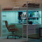 Lit mezzanine double VINGLI avec garde-corps de 15 pouces/bureau/échelles plates/LED/2 stations de charge/étagères de rangement/commode, lattes de support en métal robustes, blanc