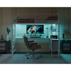 Lit mezzanine double VINGLI avec garde-corps de 15 pouces/bureau/échelles plates/LED/2 stations de charge/étagères de rangement/commode, lattes de support en métal robustes, blanc