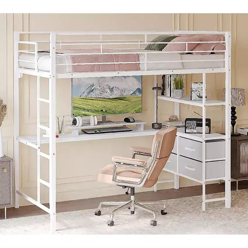 Lit mezzanine double VINGLI avec garde-corps de 15 pouces/bureau/échelles plates/LED/2 stations de charge/étagères de rangement/commode, lattes de support en métal robustes, blanc