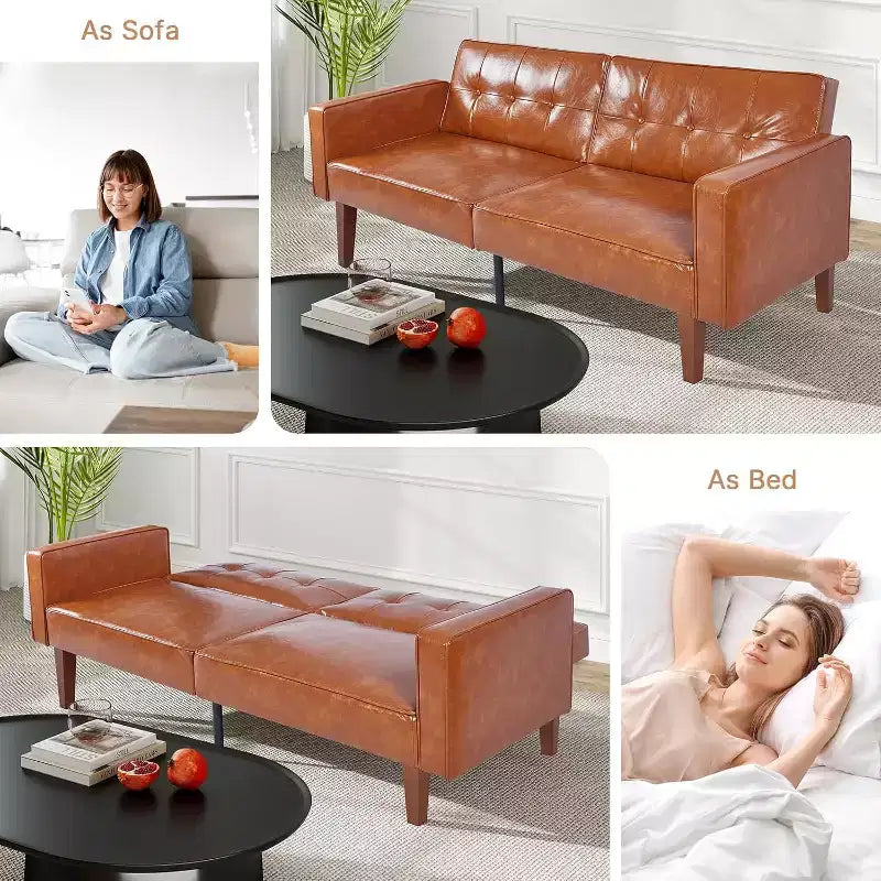 Canapé-lit convertible Zevemomo avec dossier réglable, fonctions de fauteuil inclinable et de causeuse, coussins en mousse et à ressorts, marron