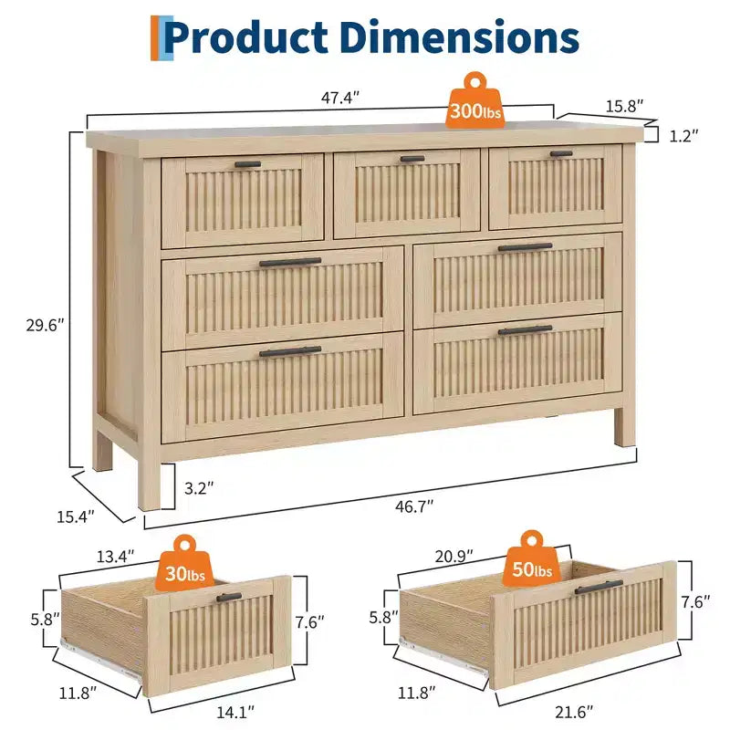 Commode de rangement encastrée pour chambre à coucher, 120 cm, avec 7 tiroirs, grand organiseur de vêtements, pour chambre, chambre d'enfant, salon, couloir, meuble TV