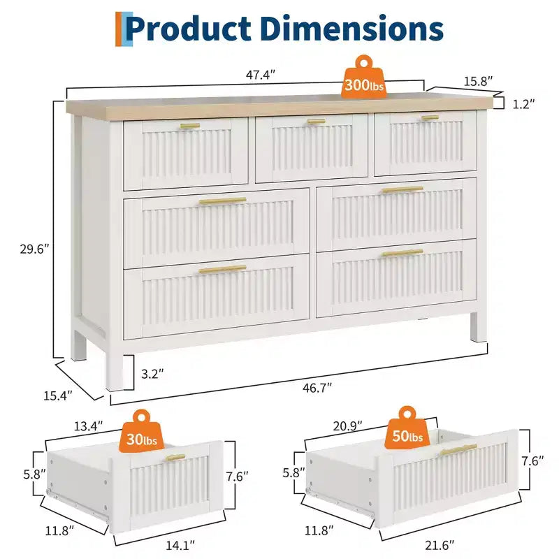 Commode de rangement encastrée pour chambre à coucher, 120 cm, avec 7 tiroirs, grand organiseur de vêtements, pour chambre, chambre d'enfant, salon, couloir, meuble TV