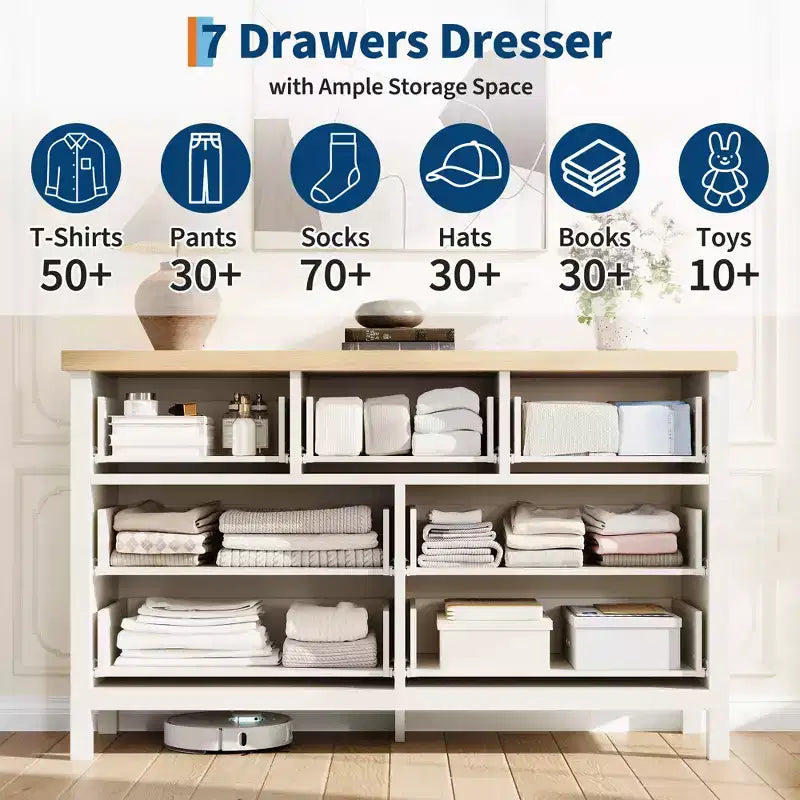 Commode de rangement encastrée pour chambre à coucher, 120 cm, avec 7 tiroirs, grand organiseur de vêtements, pour chambre, chambre d'enfant, salon, couloir, meuble TV