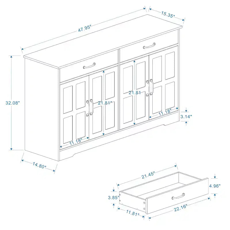 GDFStudio Hayes Enfilade bahut de ferme moderne avec 2 tiroirs et 4 portes